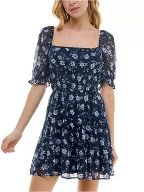 Trixxi Navy Floral Square-Neck Long Sleeve Tiered Mini Dress